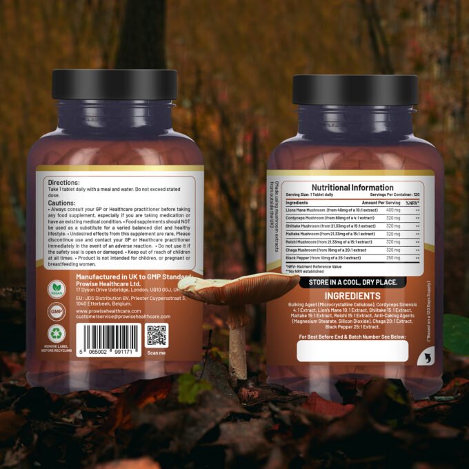 dvanced Mushroom Complex 2000mg | A super blend of 6 Mushroom with Lions Mane, Chaga, Cordyceps, Shiitake, Reishi and Maitake with Black Pepper | 120 Vegan High Strength Tablets | Made in UK by Prowise