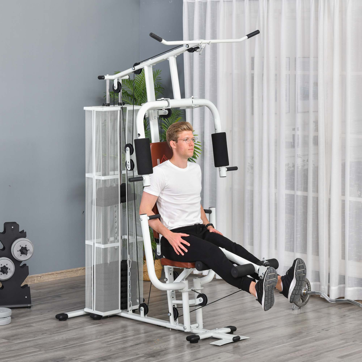 HOMCOM Multifunction Home Gym Weight Training Station Machine White - Image 2