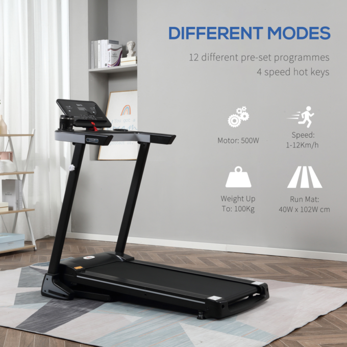 500W Motorised Treadmill 1-12km/h Folding Frame Wheels Preset Programs HOMCOM