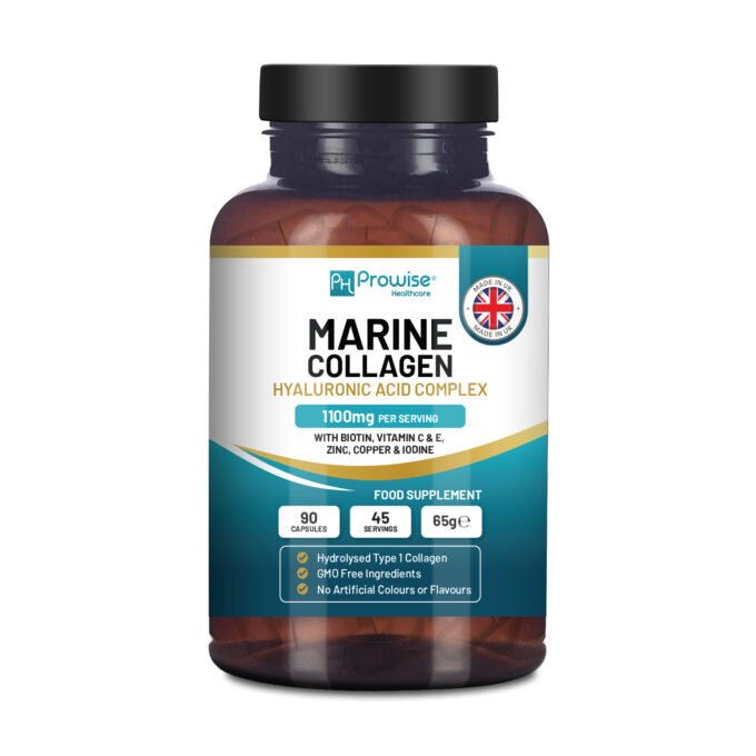 Marine Collagen with Hyaluronic Acid Complex 1100mg 90 Capsules I For Women and Men I Made in UK by Prowise