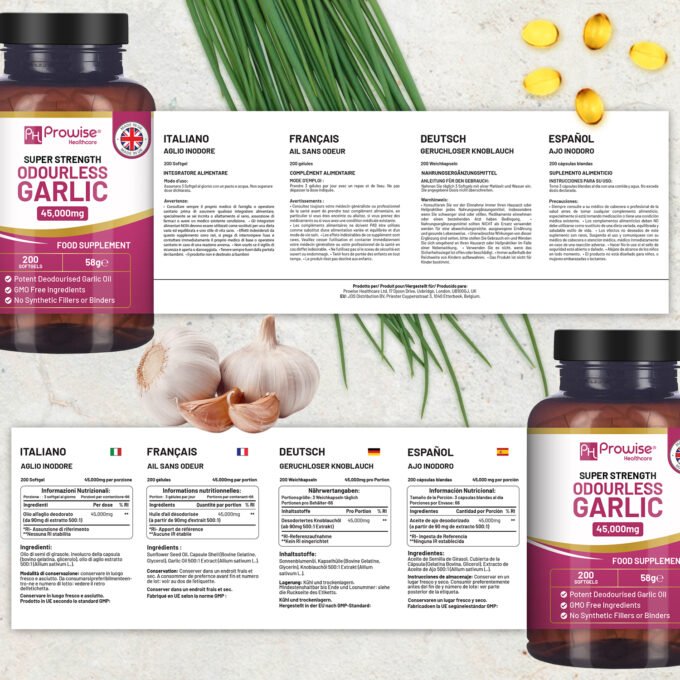 Premium Odourless Garlic Capsules - High Strength 45,000mg - 200 Softgels by Prowise