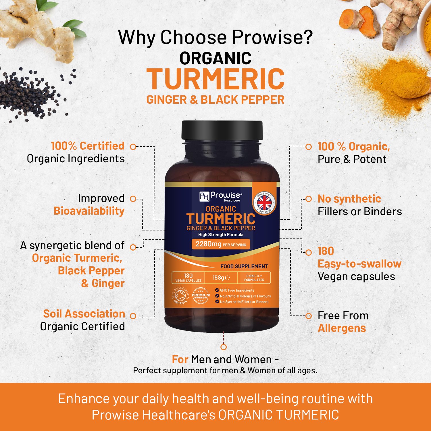 Organic Turmeric 2280mg (High Strength) with Black Pepper & Ginger - 180 Vegan Turmeric Capsules - Image 5