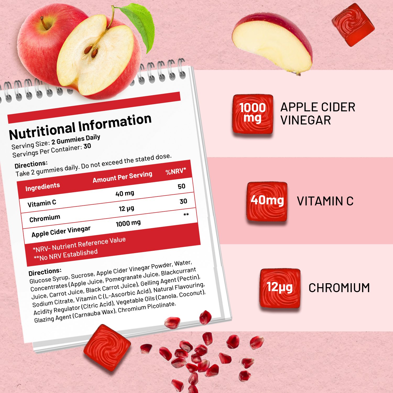 Vegan Apple Cider Vinegar Gummies | Apple Flavour | High Strength 1000mg with Vitamin C, Chromium and Pomegranate - Image 2