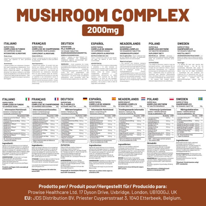 dvanced Mushroom Complex 2000mg | A super blend of 6 Mushroom with Lions Mane, Chaga, Cordyceps, Shiitake, Reishi and Maitake with Black Pepper | 120 Vegan High Strength Tablets | Made in UK by Prowise