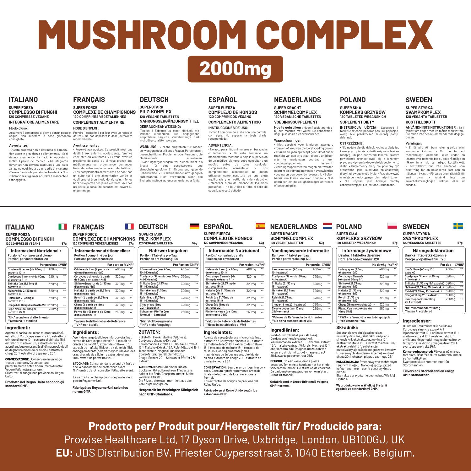 dvanced Mushroom Complex 2000mg | A super blend of 6 Mushroom with Lions Mane, Chaga, Cordyceps, Shiitake, Reishi and Maitake with Black Pepper | 120 Vegan High Strength Tablets | Made in UK by Prowise - Image 6