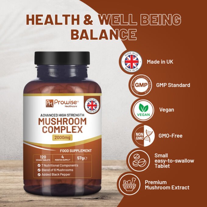 dvanced Mushroom Complex 2000mg | A super blend of 6 Mushroom with Lions Mane, Chaga, Cordyceps, Shiitake, Reishi and Maitake with Black Pepper | 120 Vegan High Strength Tablets | Made in UK by Prowise