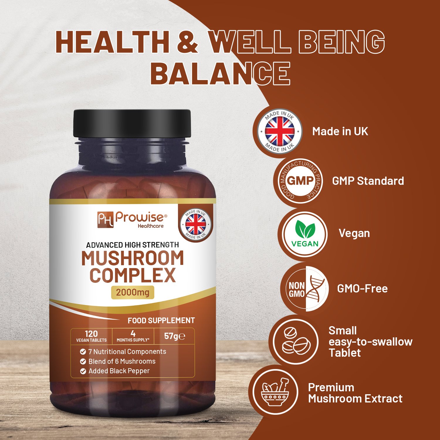 dvanced Mushroom Complex 2000mg | A super blend of 6 Mushroom with Lions Mane, Chaga, Cordyceps, Shiitake, Reishi and Maitake with Black Pepper | 120 Vegan High Strength Tablets | Made in UK by Prowise - Image 3