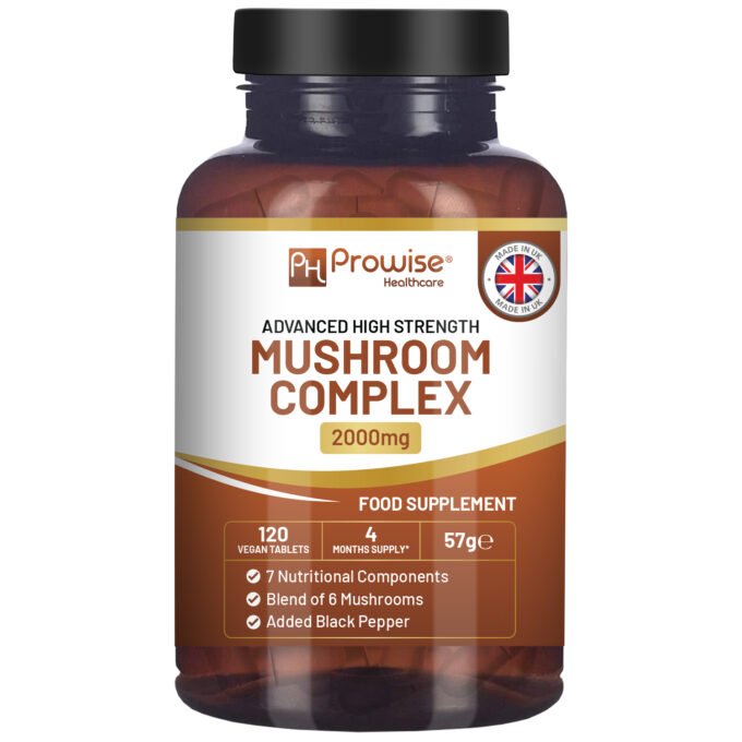 dvanced Mushroom Complex 2000mg | A super blend of 6 Mushroom with Lions Mane, Chaga, Cordyceps, Shiitake, Reishi and Maitake with Black Pepper | 120 Vegan High Strength Tablets | Made in UK by Prowise