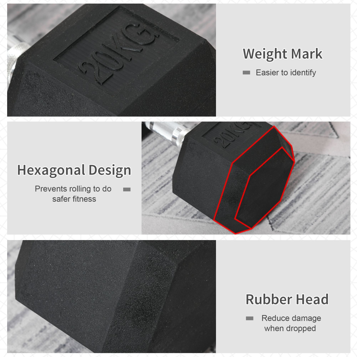 20KG Single Rubber Hex Dumbbell Portable Hand Weights Dumbbell Home Gym HOMCOM - Image 4
