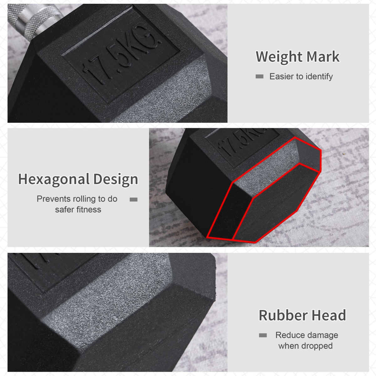 17.5KG Single Rubber Hex Dumbbell Portable Hand Weights Home Gym HOMCOM - Image 6
