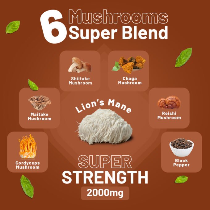 dvanced Mushroom Complex 2000mg | A super blend of 6 Mushroom with Lions Mane, Chaga, Cordyceps, Shiitake, Reishi and Maitake with Black Pepper | 120 Vegan High Strength Tablets | Made in UK by Prowise