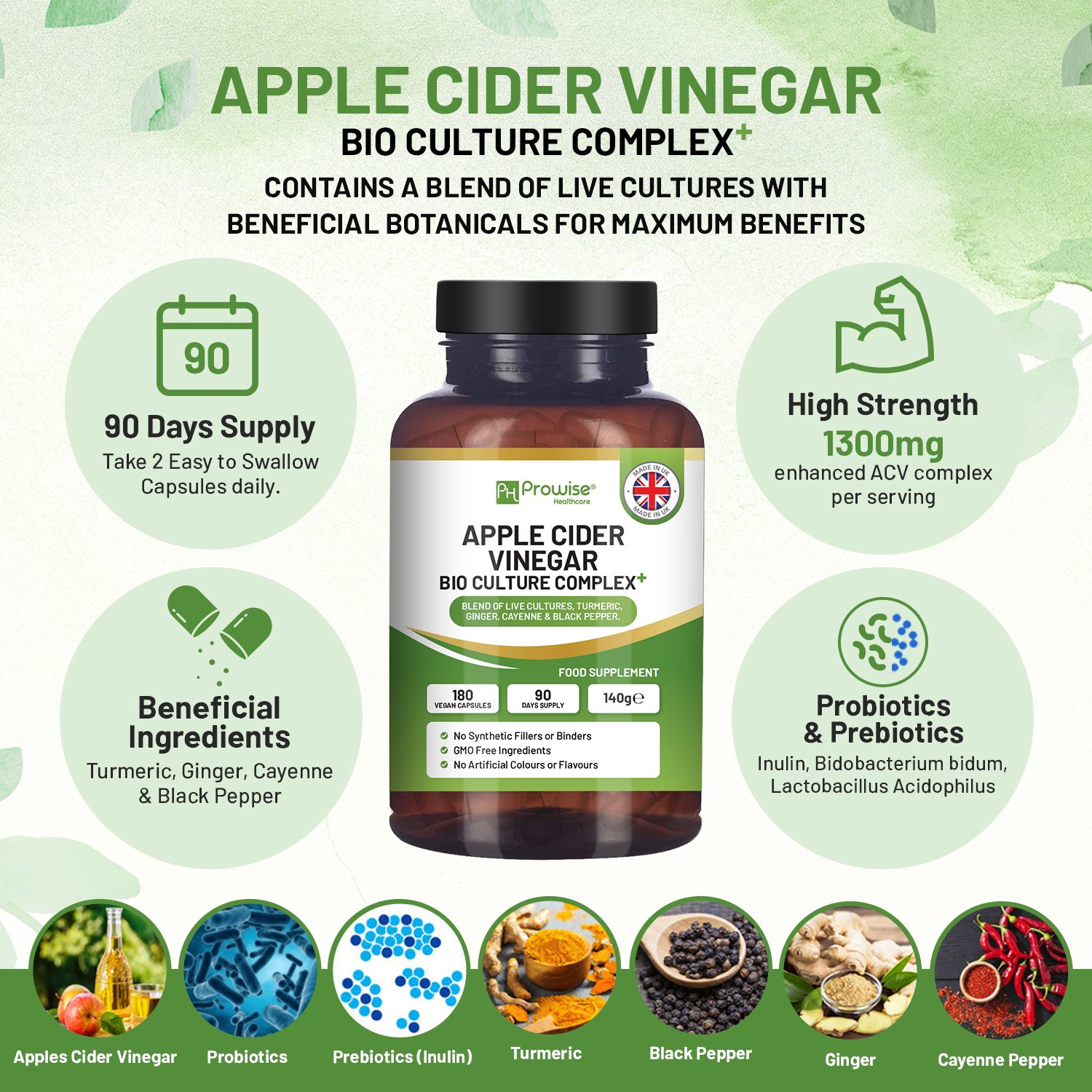 Apple Cider Vinegar with Bio Cultures Complex 1300mg 180 capsules I Vegan I Made in UK by Prowise - Image 2