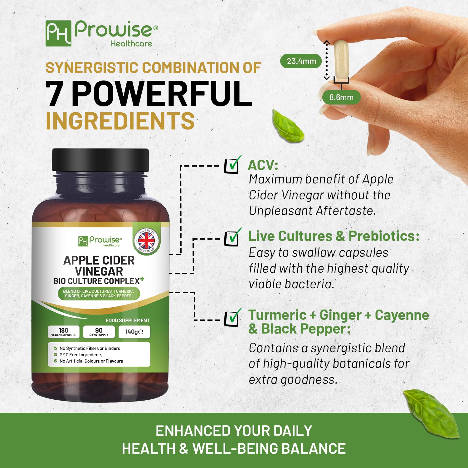 Apple Cider Vinegar with Bio Cultures Complex 1300mg 180 capsules I Vegan I Made in UK by Prowise - Image 3