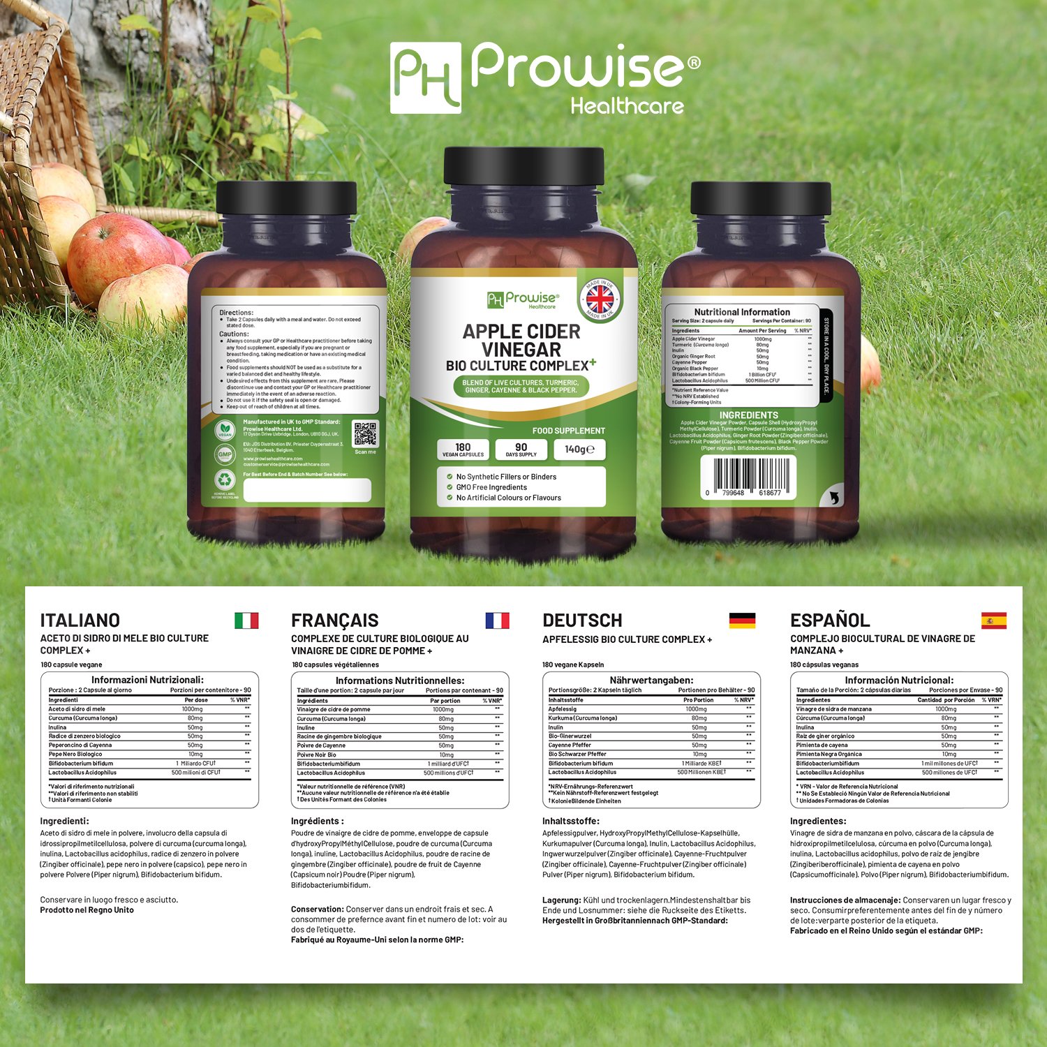 Apple Cider Vinegar with Bio Cultures Complex 1300mg 180 capsules I Vegan I Made in UK by Prowise - Image 4