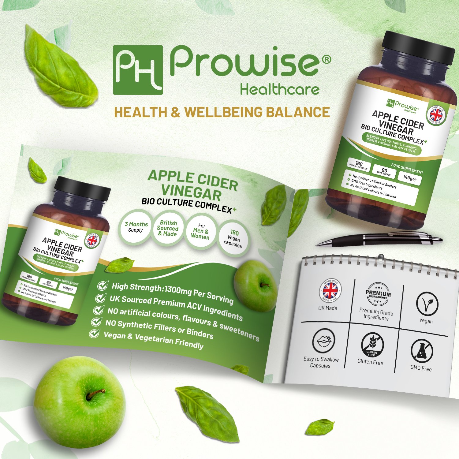 Apple Cider Vinegar with Bio Cultures Complex 1300mg 180 capsules I Vegan I Made in UK by Prowise - Image 5