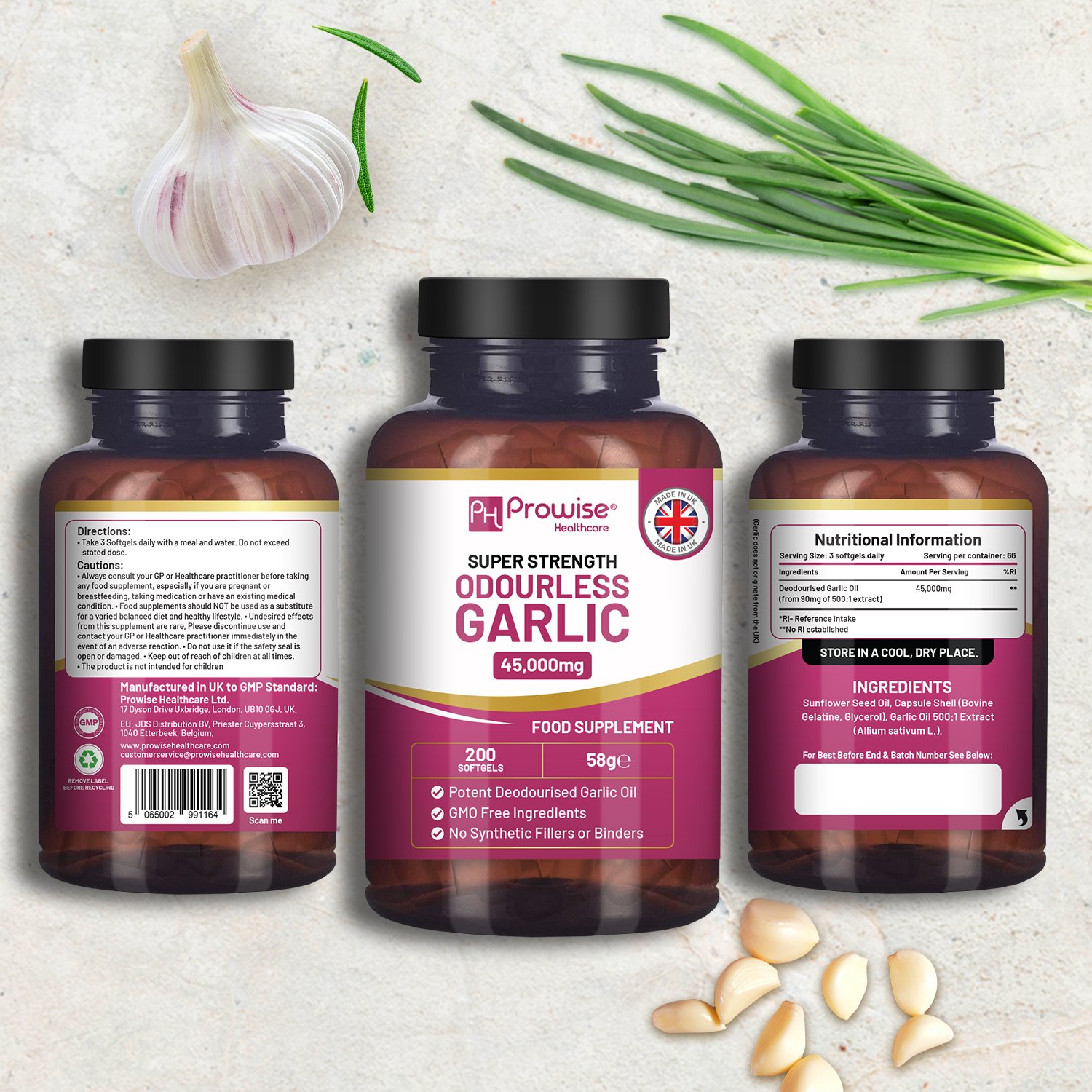 Premium Odourless Garlic Capsules - High Strength 45,000mg - 200 Softgels by Prowise - Image 2