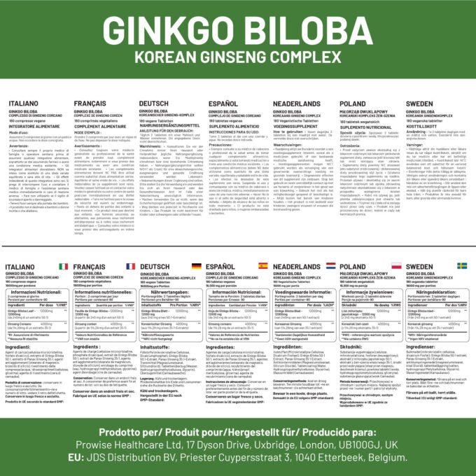 Ginkgo Biloba and Korean Ginseng Tablets 16000mg 180 Vegan Tablets by Prowise